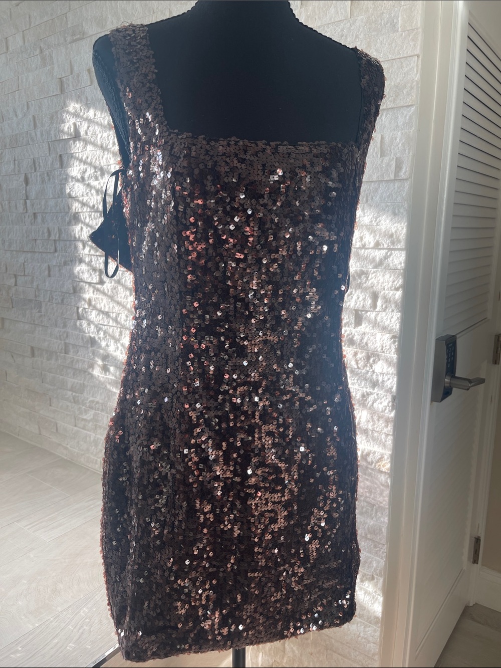 Petal & Pup Brown Sequin Square-Neck Mini Dress